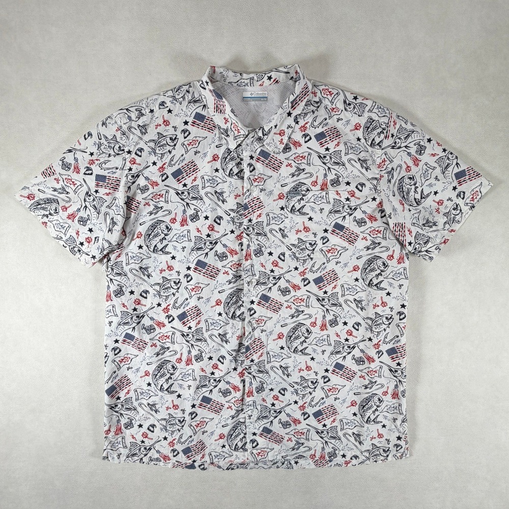 Columbia PFG Mens XL White Fish American Flag Nautical Vented Shirt Patriotic